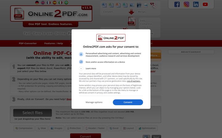 Capture d'écran de online2pdf.com