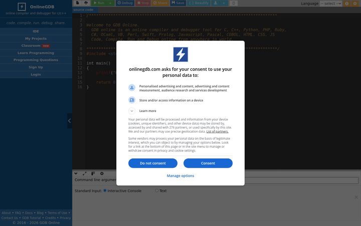 Captura de ecrã de onlinegdb.com