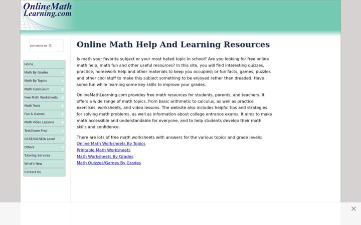 Screenshot of onlinemathlearning.com