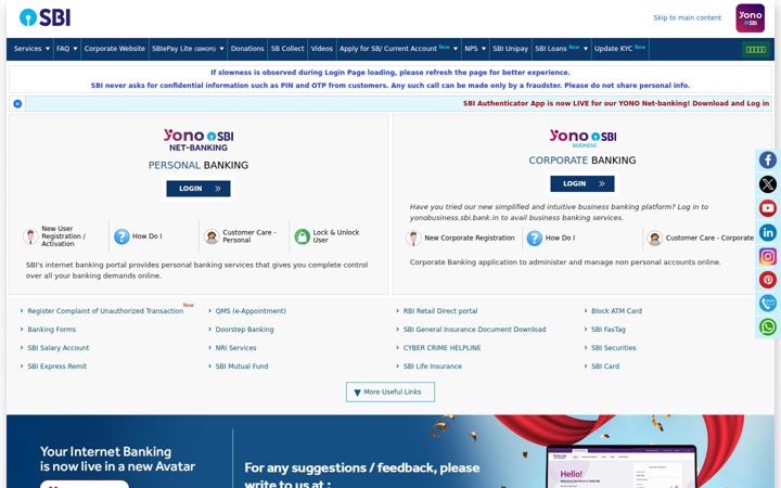 Screenshot of onlinesbi.sbi