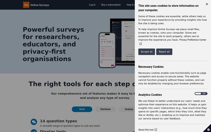 Captură de ecran a onlinesurveys.ac.uk