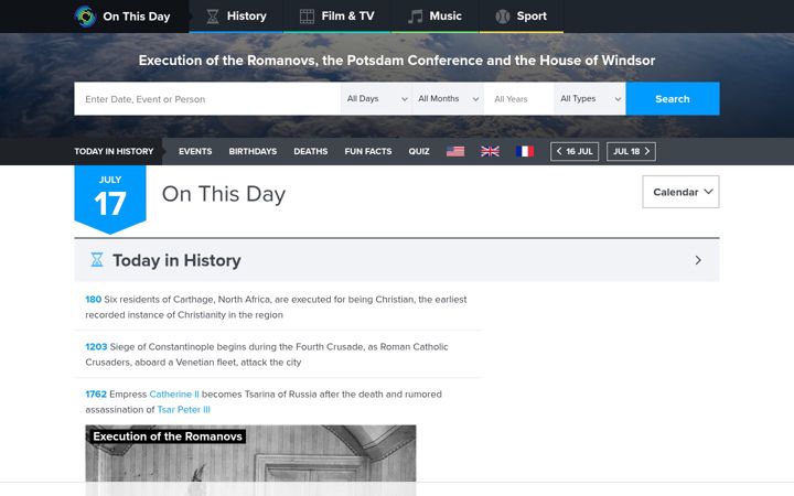 Snímek obrazovky onthisday.com