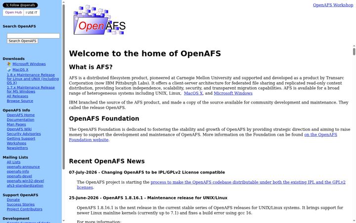 Screenshot of openafs.org