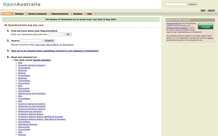 Screenshot of openaustralia.org.au