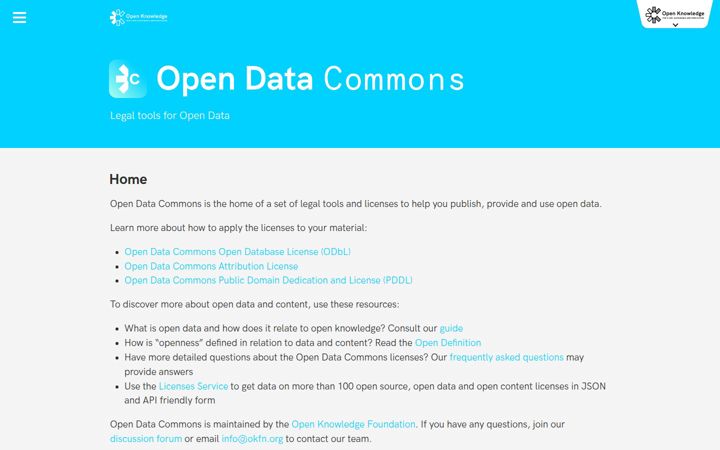 Skjermbilde av opendatacommons.org