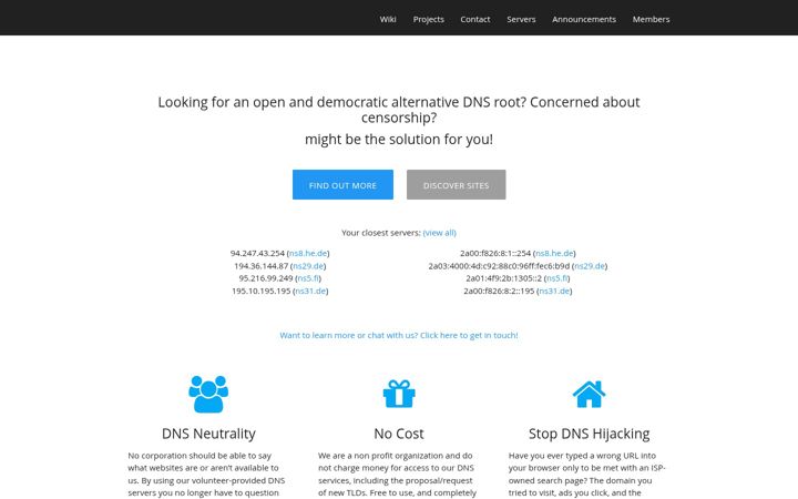 Screenshot von opennic.org