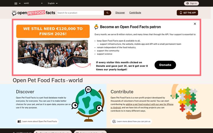Screenshot of openpetfoodfacts.org