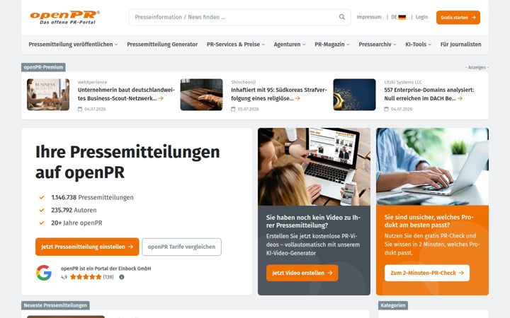 Screenshot of openpr.de