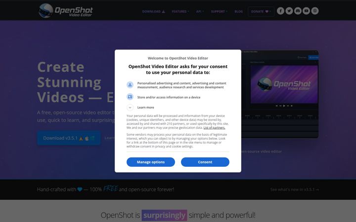 Skärmbild av openshot.org