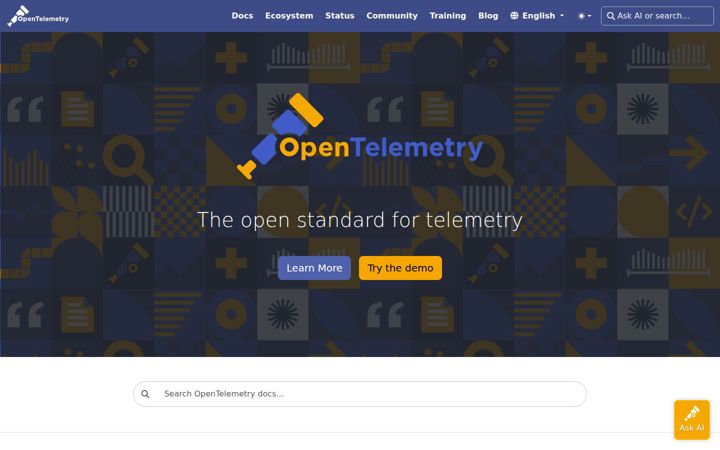 Zrzut ekranu opentelemetry.io