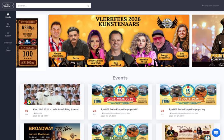 Screenshot of opentickets.co.za