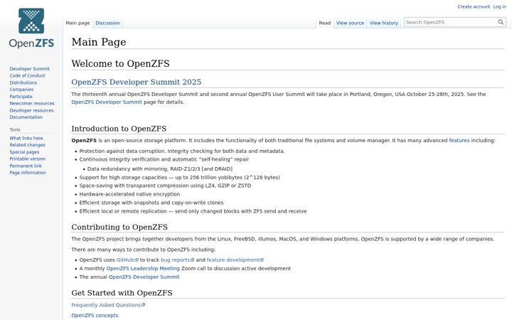 Screenshot of openzfs.org