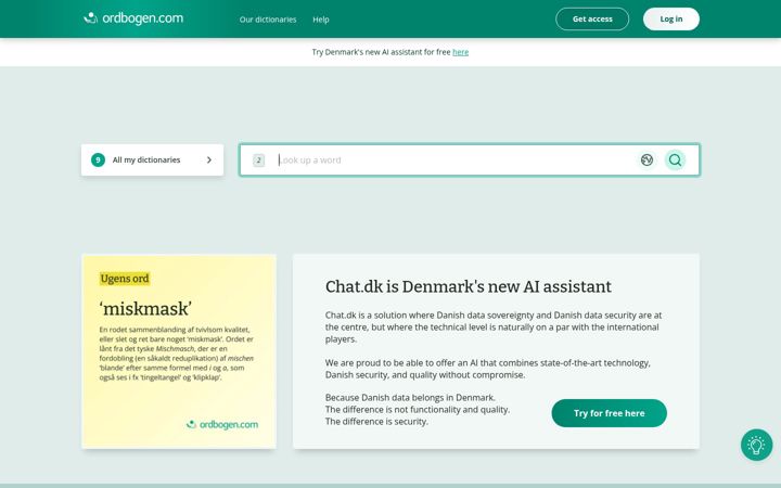 Screenshot of ordbogen.com