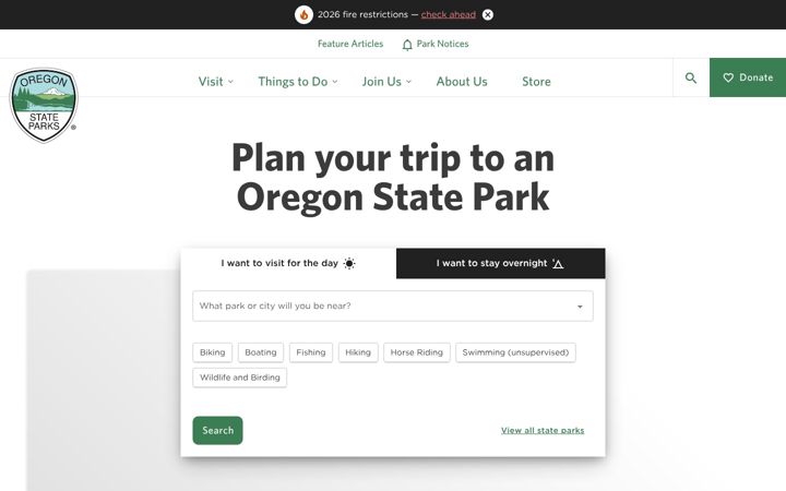 Screenshot of oregonstateparks.org
