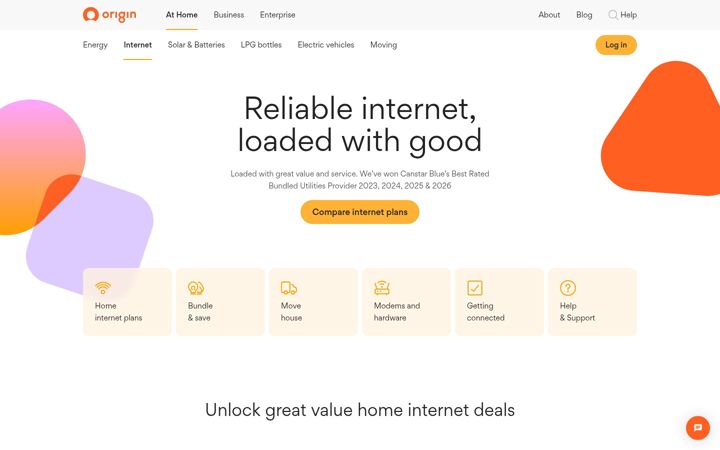 Screenshot stránky originbroadband.com.au