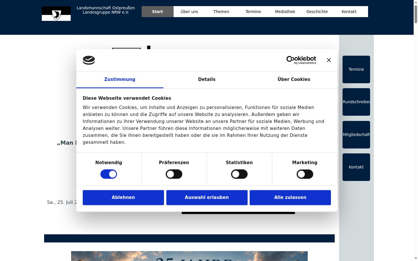 Screenshot del banner di consenso mostrato prima di qualsiasi interazione