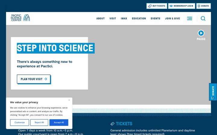 Screenshot of pacificsciencecenter.org