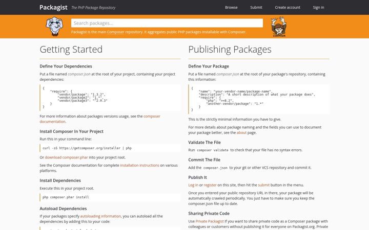 Screenshot di packagist.org