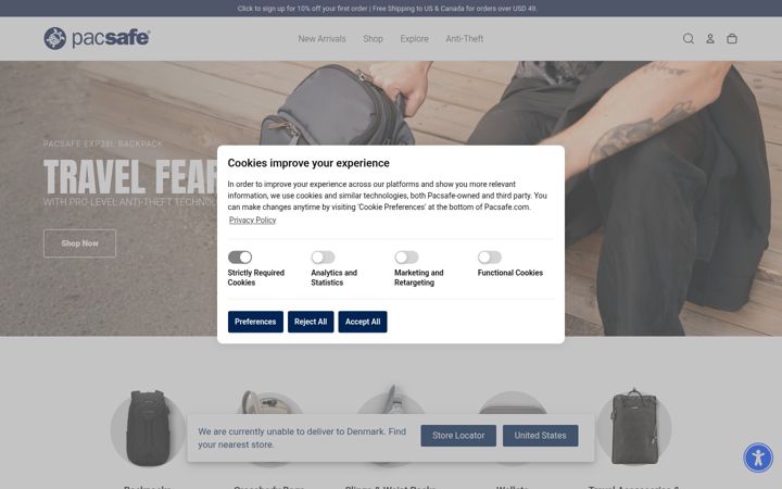 Screenshot of pacsafe.com