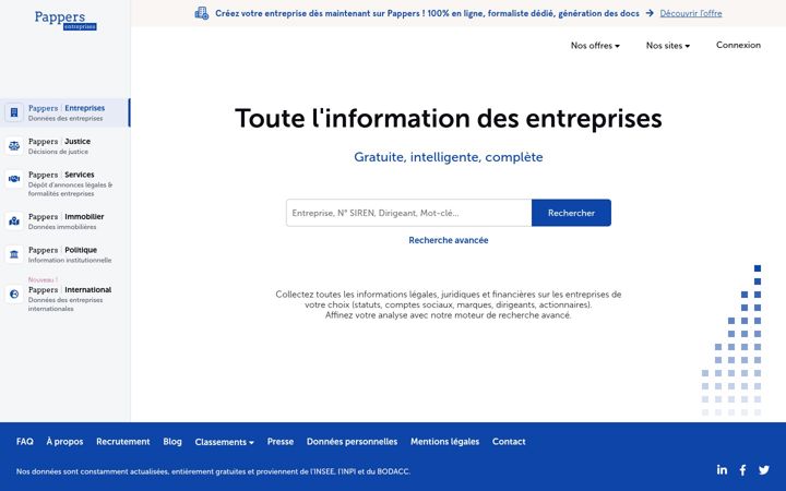 Kuvakaappaus sivustosta pappers.fr