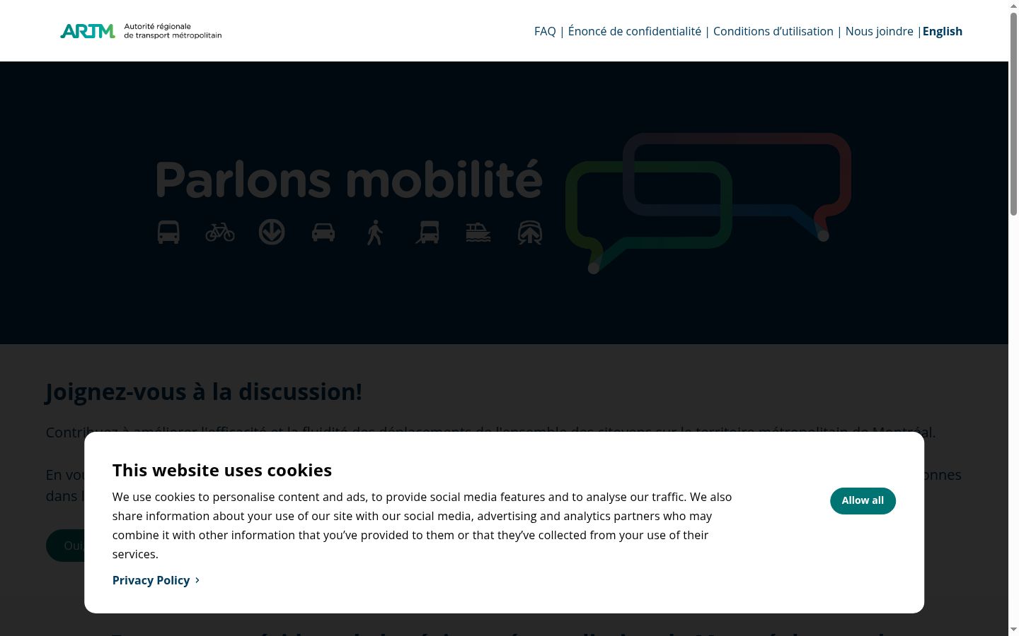 Capture d'écran de la bannière de consentement affichée avant toute interaction