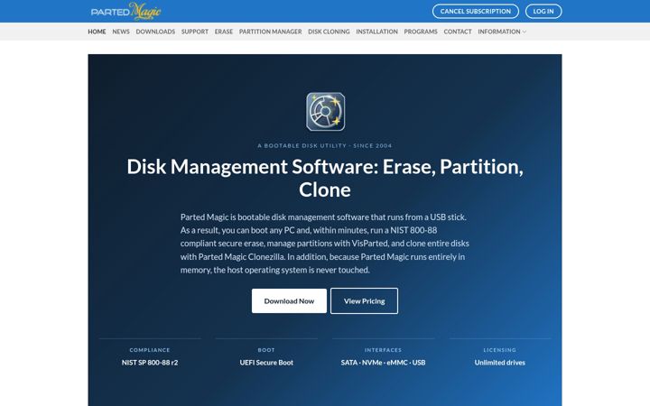 Screenshot του partedmagic.com