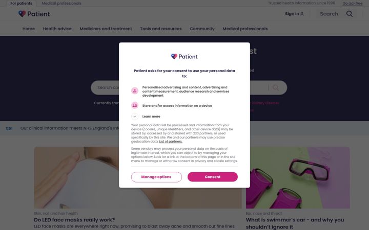 Screenshot of patient.co.uk