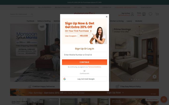 Snimka zaslona za pepperfry.com