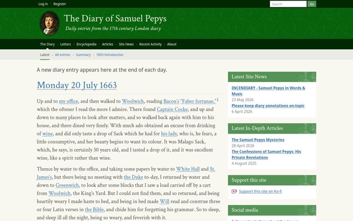 Screenshot of pepysdiary.com