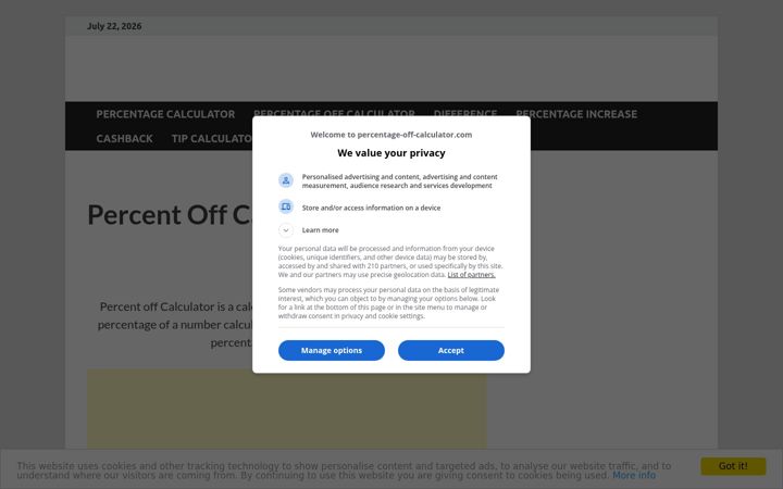 Screenshot of percentage-off-calculator.com
