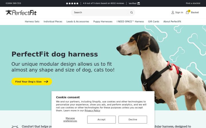Screenshot of perfect-fit-dog-harness.com