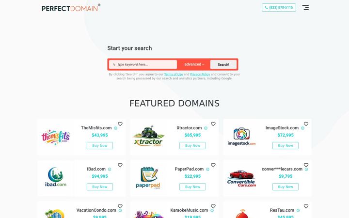 Posnetek zaslona perfectdomain.com