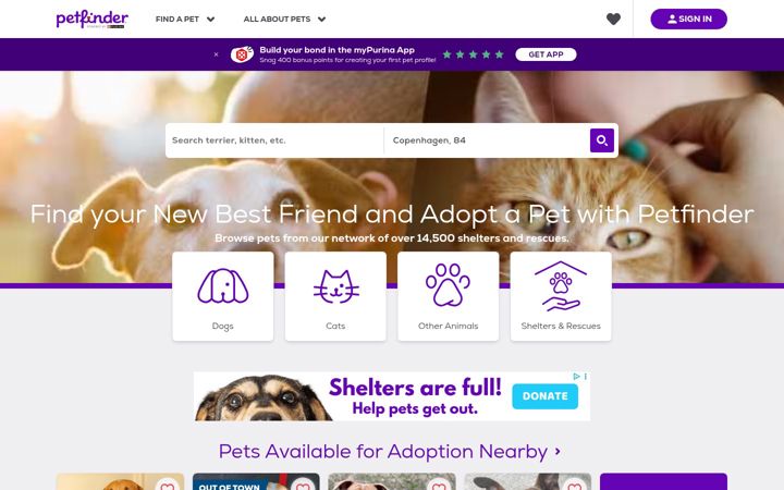 Ekrano kopija petfinder.com