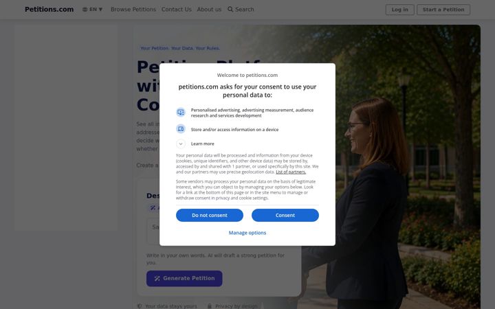 Kuvakaappaus sivustosta petitions.com