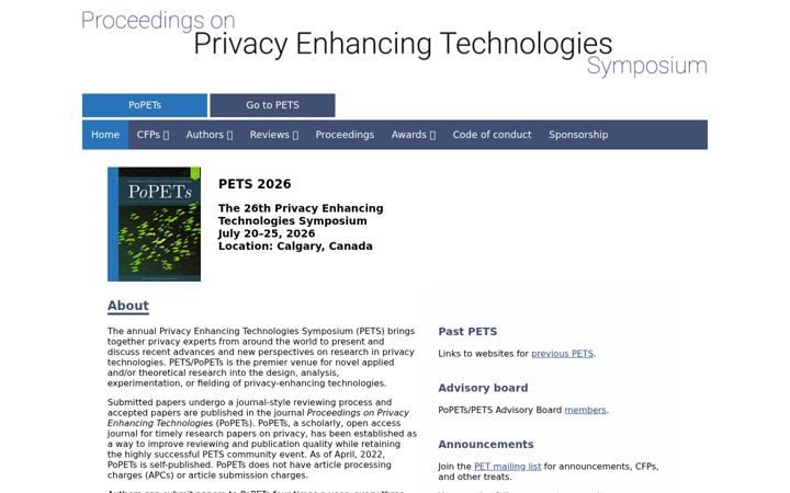 Screenshot of petsymposium.org