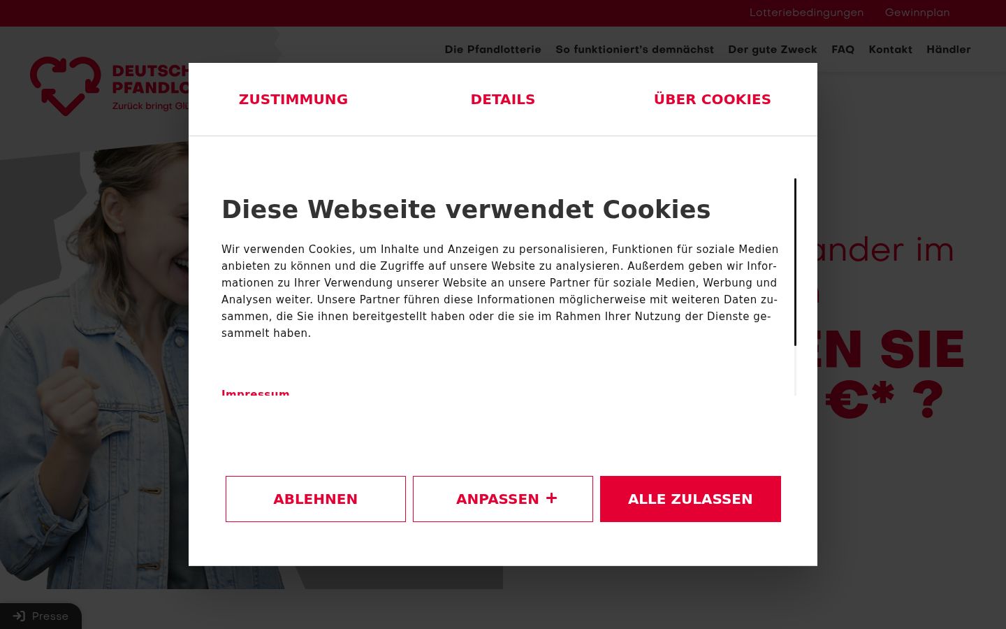 Screenshot des Einwilligungsbanners vor jeglicher Interaktion
