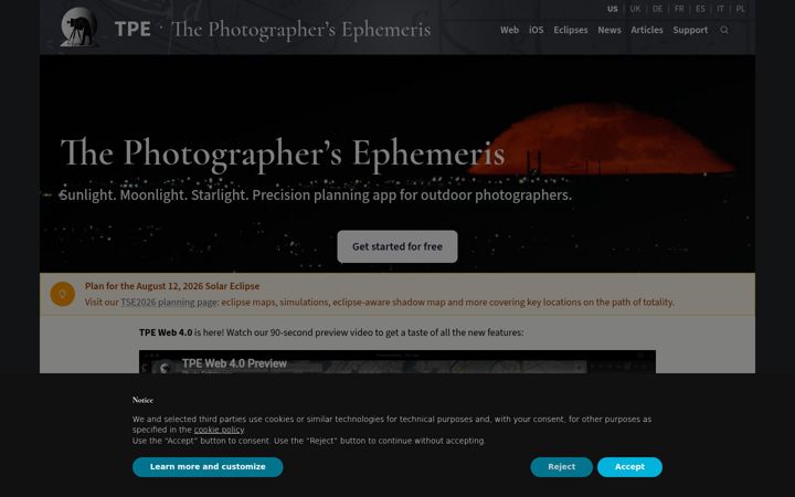 Screenshot of photoephemeris.com