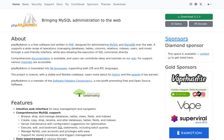 Screenshot di phpmyadmin.net