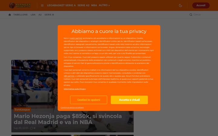 Screenshot of pianetabasket.com