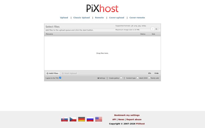 Snimka zaslona za pixhost.to