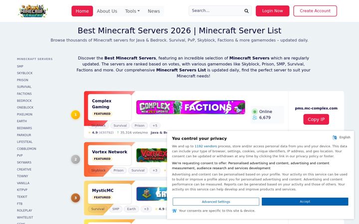 Screenshot of play-minecraft-servers.com