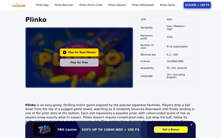 Screenshot of plinko.co.nz