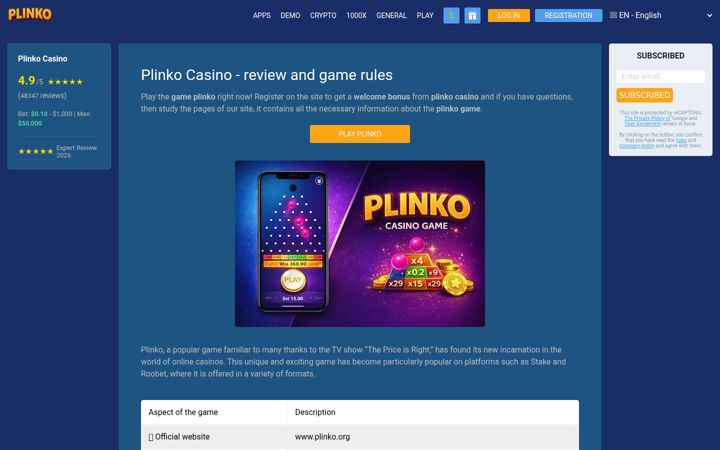 Screenshot of plinko.org