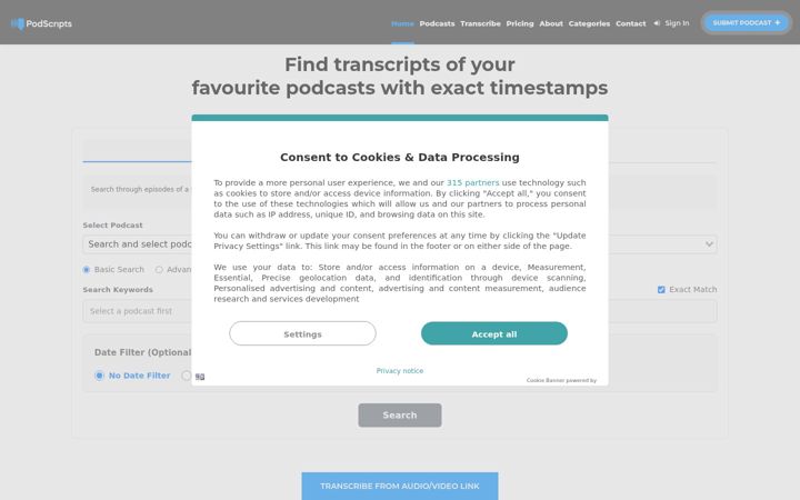 Screenshot of podscripts.co