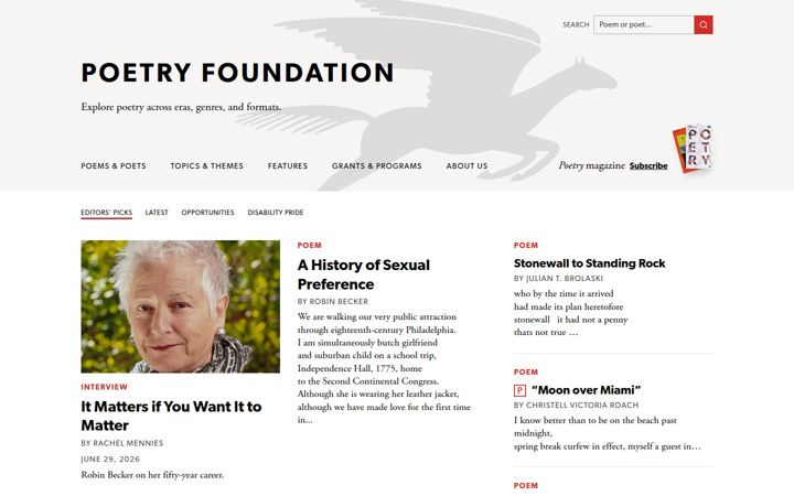 Snímek obrazovky poetryfoundation.org