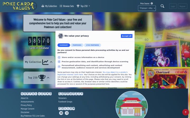Screenshot of pokecardvalues.co.uk