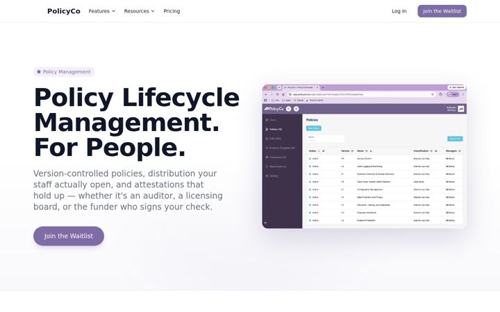 Ekraanipilt saidist policyco.io