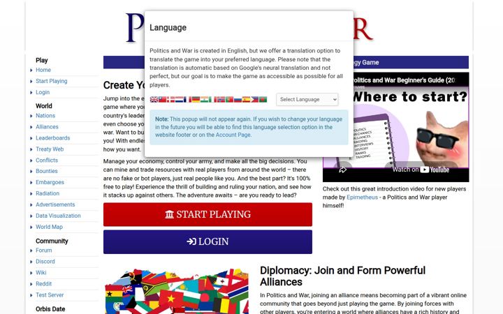 Screenshot of politicsandwar.com