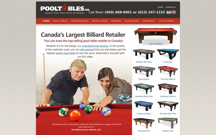 Screenshot of pooltables.ca