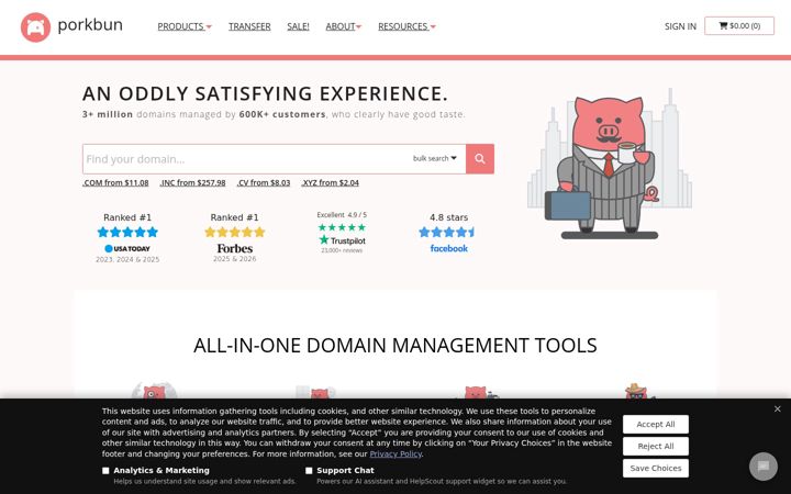 Screenshot του porkbun.com